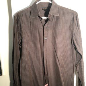 Lord & Taylor Dress Shirt By Metropolitan L Brown With Light Brown Pinstripes